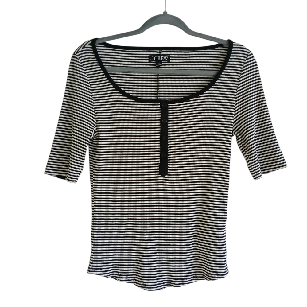 J Crew Vintage Rib Henley Women's M Striped Textured Fitted Stretch Preppy Y2K